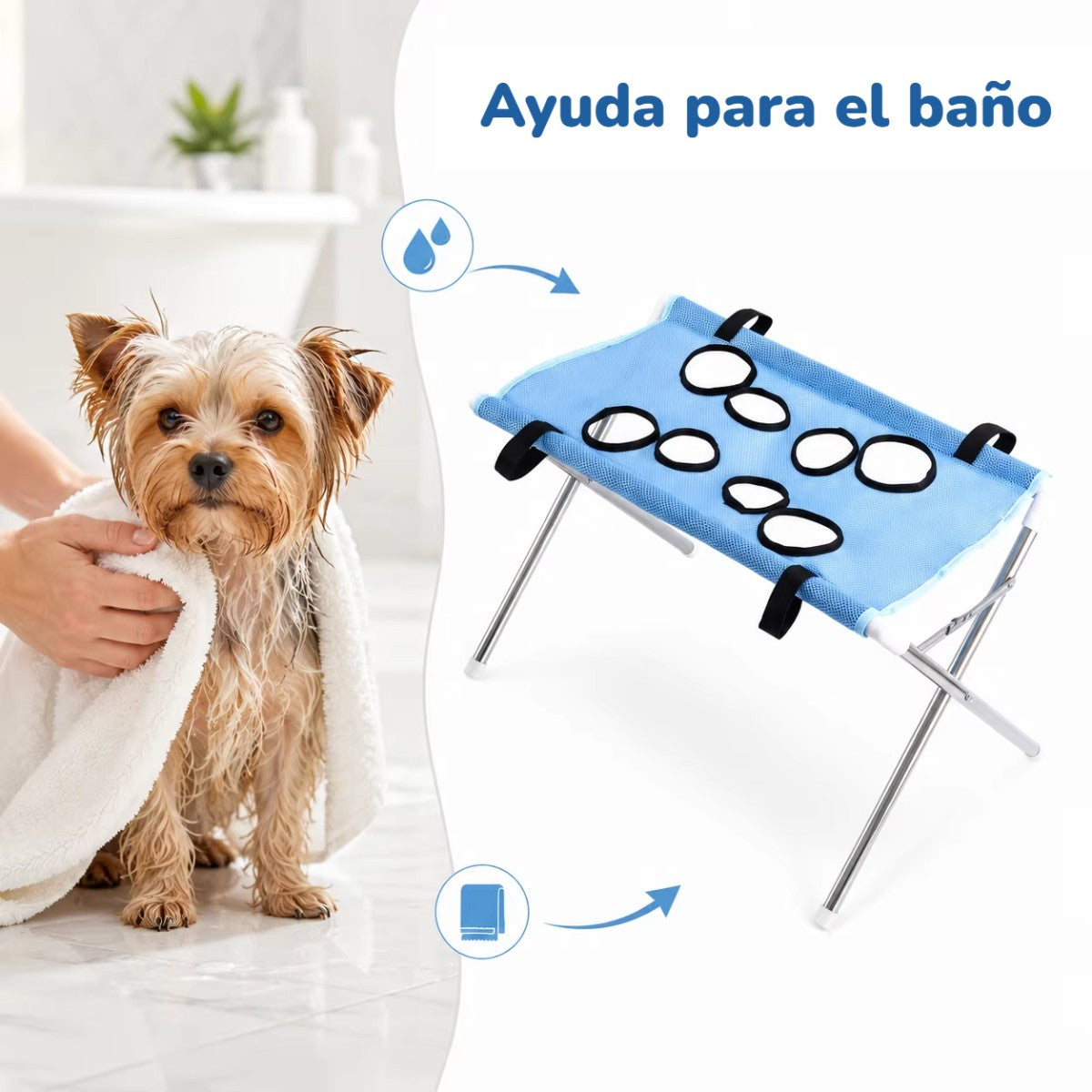 Hamaca de baño plegable para perros pequeños junto a un yorkshire envuelto en toalla
