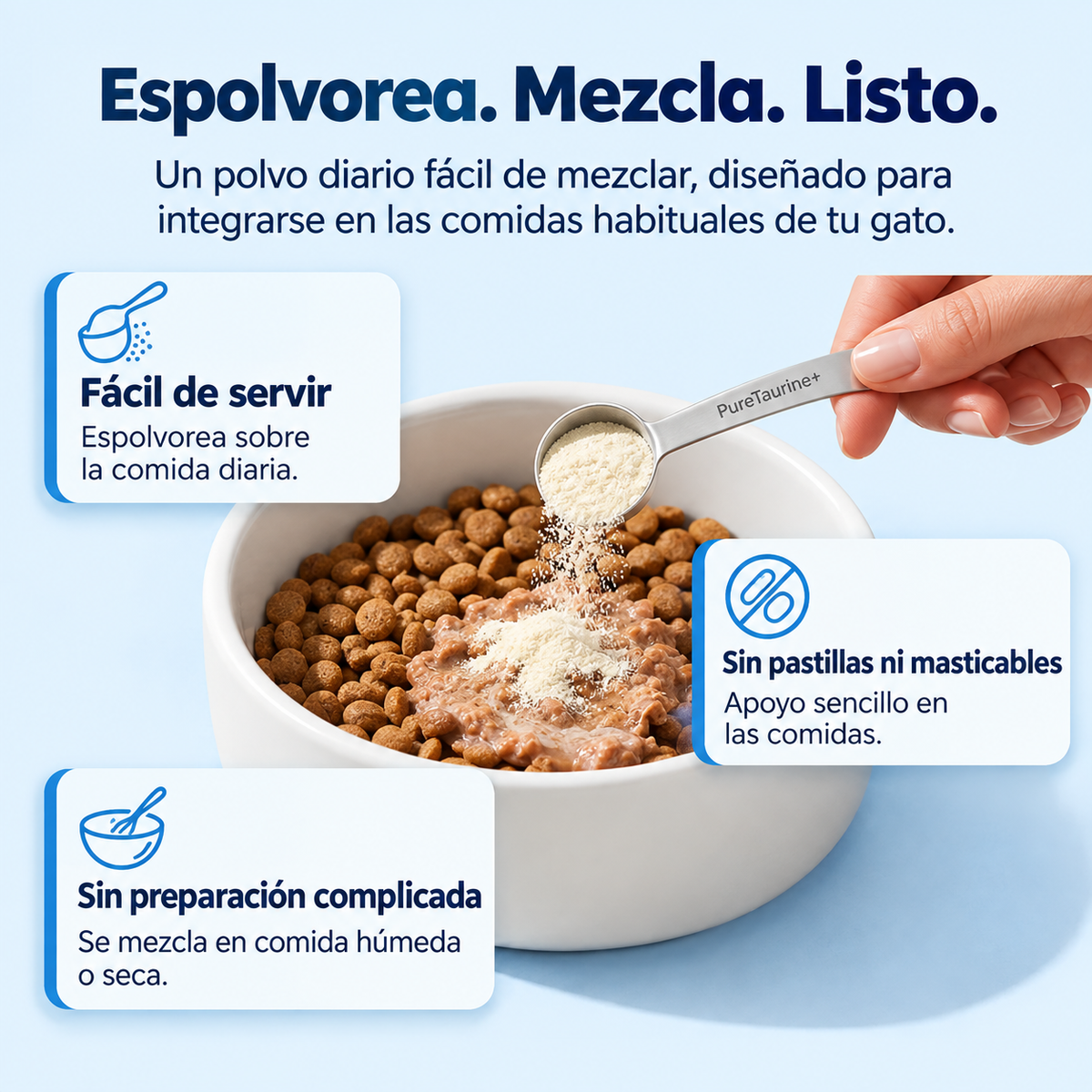 Espolvorear el polvo sobre la comida del gato