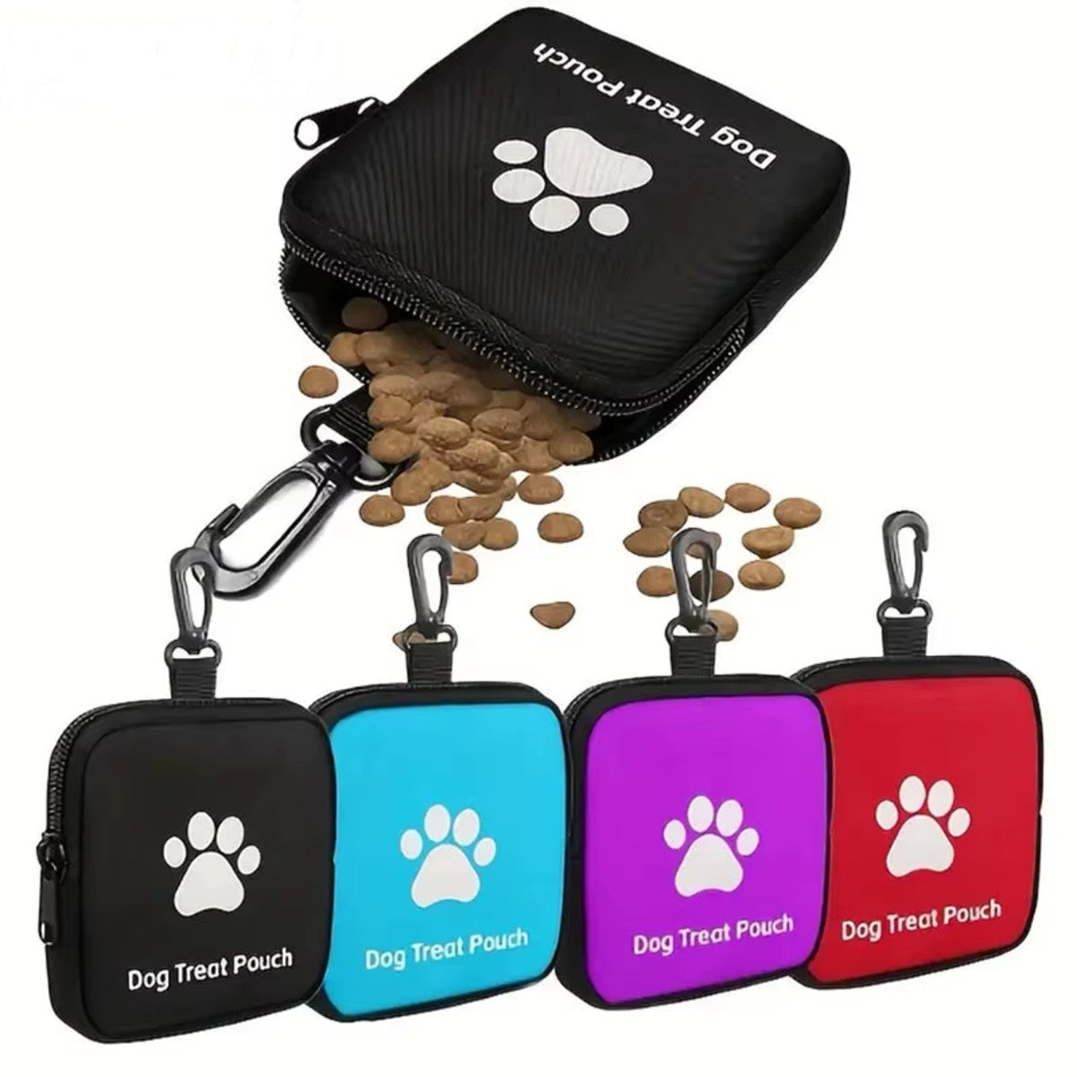 Bolsa para golosinas de perro en negro, azul, morado y rojo con mosquetón